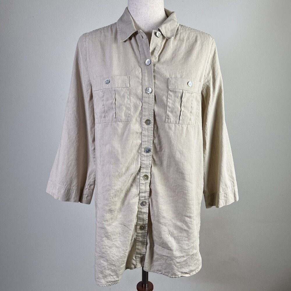 Anne Fontaine‎ Linen Button Up Blouse Women's 40 Tan Beige FLAW** Quiet Luxury